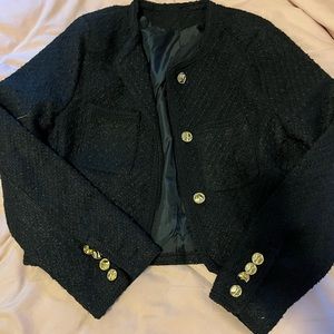 Black tweed cropped jacket with gold buttons